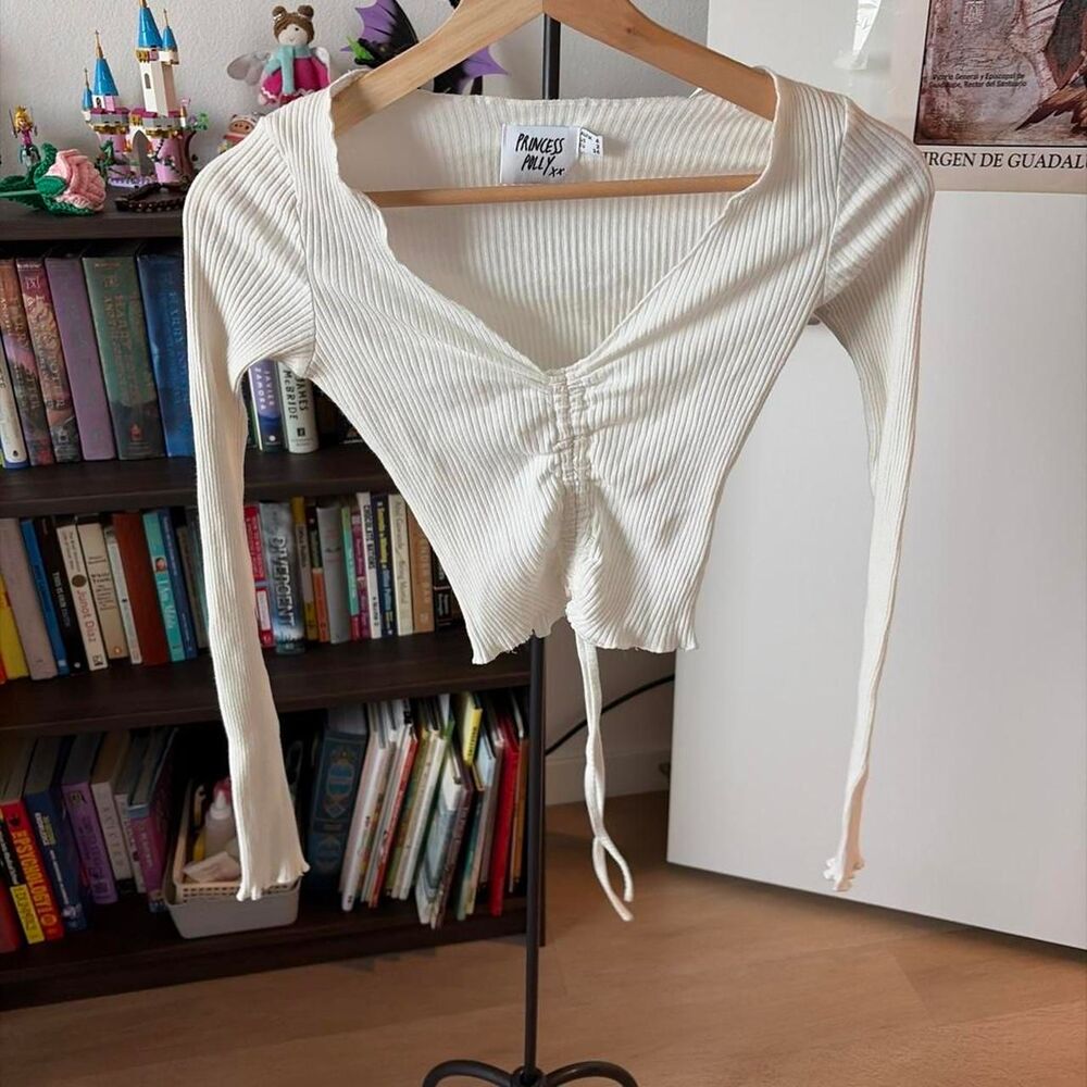 Princess Polly Ribbed Tie Front Crop Top Cream Size 2
